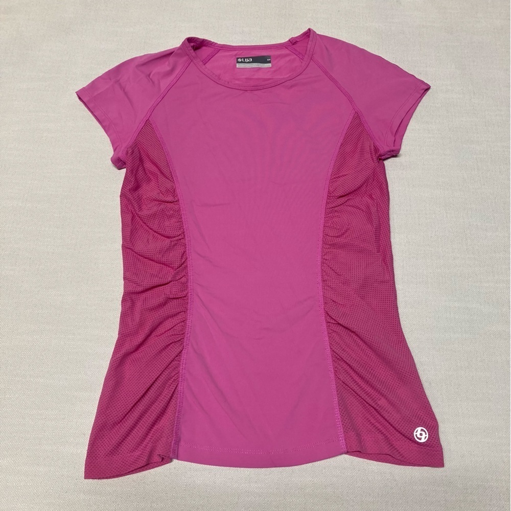 LIJA | Pink Ruched Short Sleeve Shirt with Mesh Side